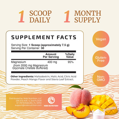 Magnesium Glycinate Powder 400MG – Sleep & Relaxation Support | Peach Mango Flavor Drink | 225g (30 Servings) | Vegan, Gluten-Free, Non-GMO