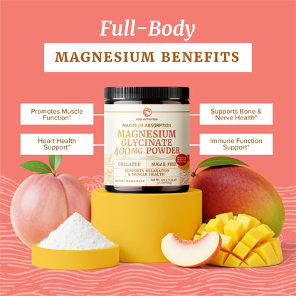 Magnesium Glycinate Powder 400MG – Sleep & Relaxation Support | Peach Mango Flavor Drink | 225g (30 Servings) | Vegan, Gluten-Free, Non-GMO