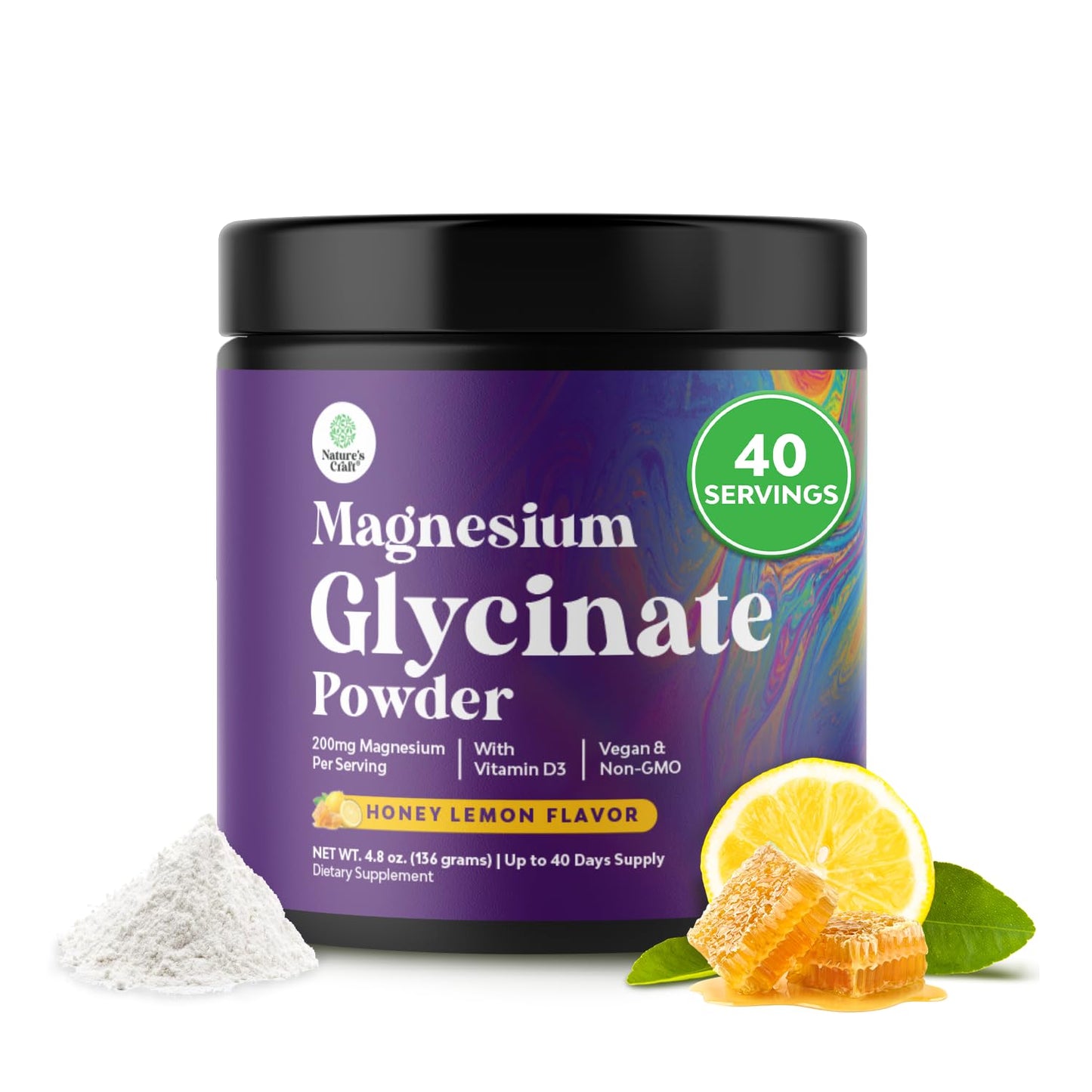 High Absorption Magnesium Glycinate Powder – Vegan, Non-GMO, Gluten Free (Honey Lemon) 40 Servings