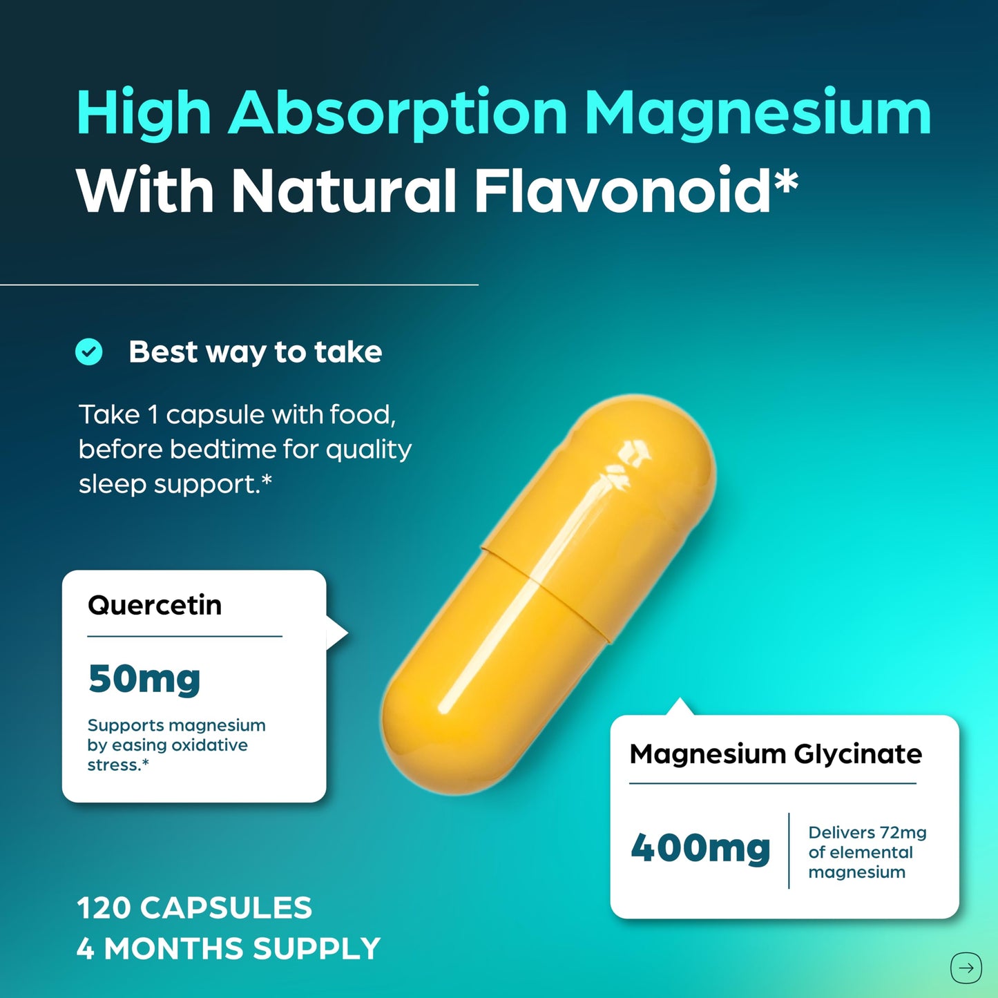 Magnesium Glycinate 400mg with Quercetin – 120 Count for Sleep & Relaxation