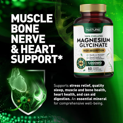 Built By Nature Magnesium Glycinate 1000mg – High Absorption, 100% Chelated, Gentle on Stomach | 60 Capsules