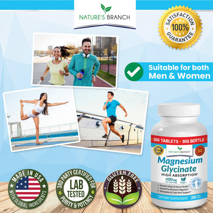 Magnesium Glycinate 400 mg | 200 Tablets - High Absorption Non-Buffered Bisglycinate for Sleep, Leg Cramps, Heart & Muscle Support