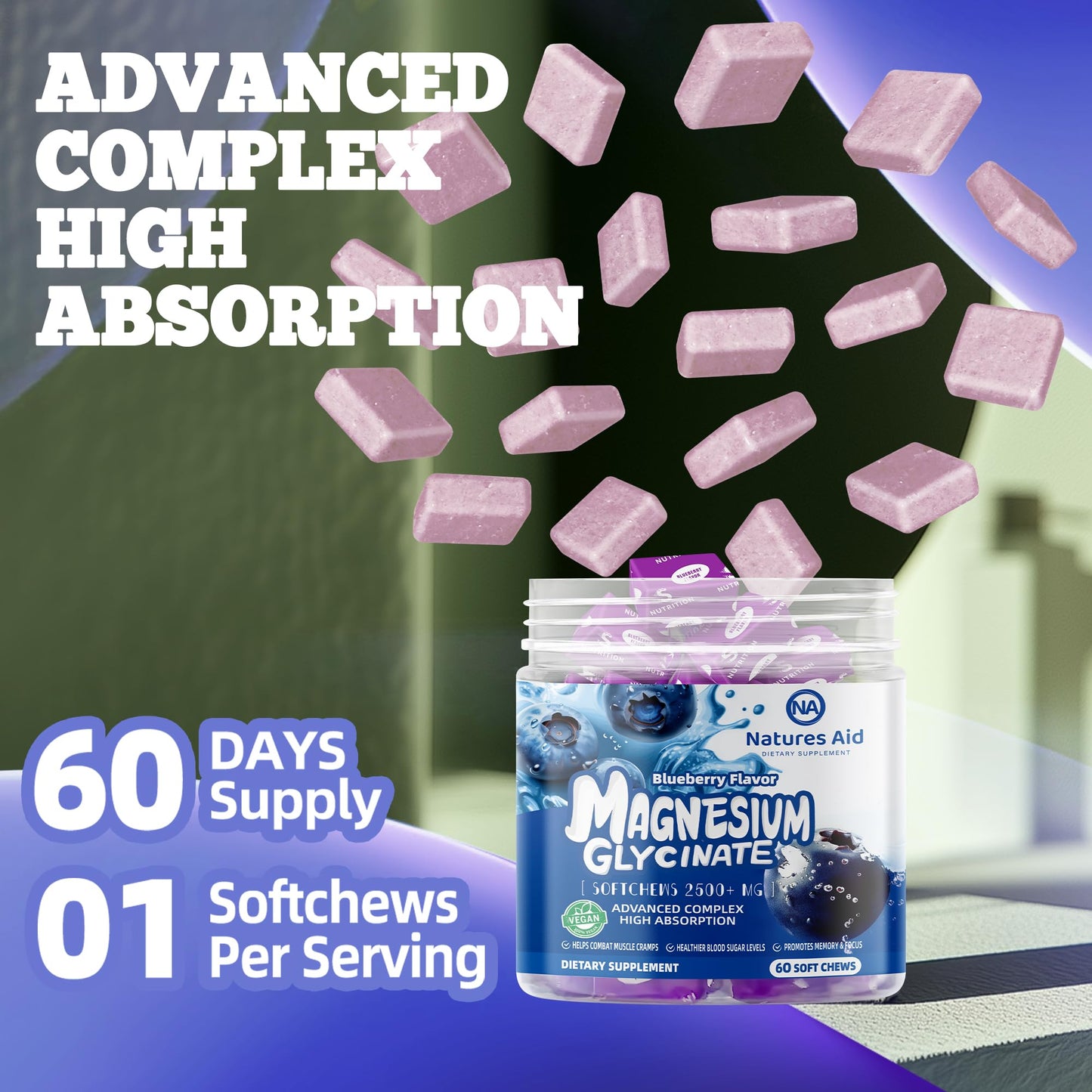 Magnesium Glycinate Soft Chews - Blueberry Flavor, Sugar Free | 60 Day Supply