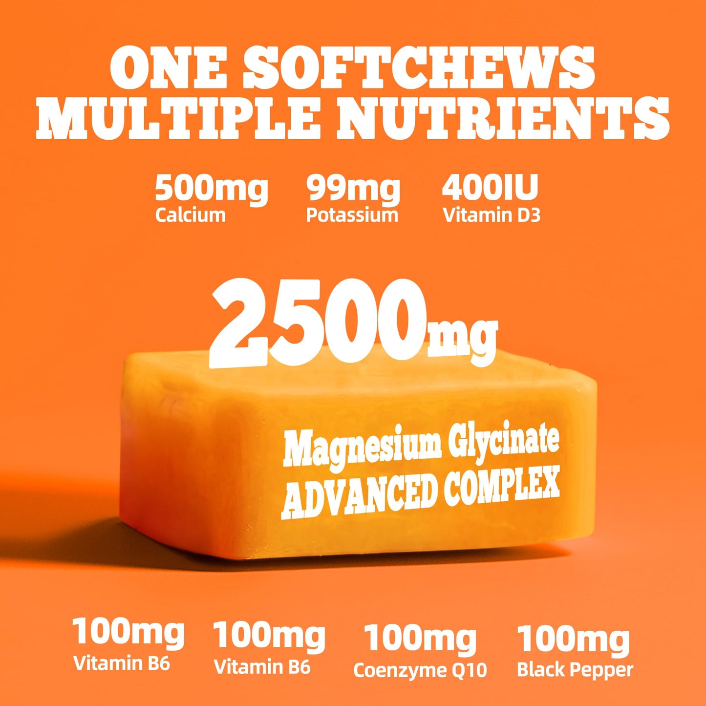 Magnesium Glycinate Soft Chews – Sugar-Free Orange, Vitamin D, B6, CoQ10 (60 Days)