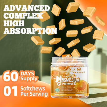 Magnesium Glycinate Soft Chews – Sugar-Free Orange, Vitamin D, B6, CoQ10 (60 Days)
