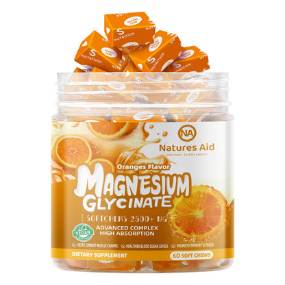 Magnesium Glycinate Soft Chews – Sugar-Free Orange, Vitamin D, B6, CoQ10 (60 Days)