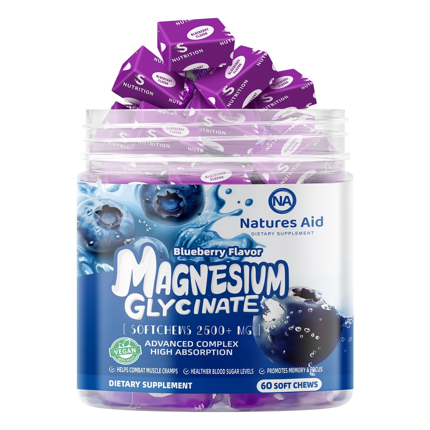 Magnesium Glycinate Soft Chews - Blueberry Flavor, Sugar Free | 60 Day Supply