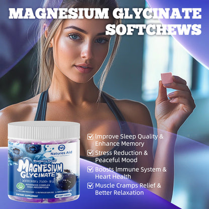 Magnesium Glycinate Soft Chews - Blueberry Flavor, Sugar Free | 60 Day Supply