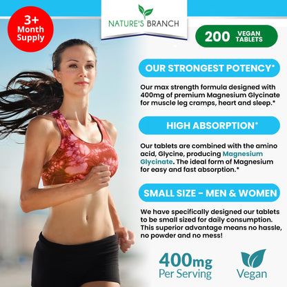 Magnesium Glycinate 400 mg | 200 Tablets - High Absorption Non-Buffered Bisglycinate for Sleep, Leg Cramps, Heart & Muscle Support