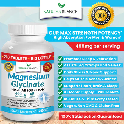 Magnesium Glycinate 400 mg | 200 Tablets - High Absorption Non-Buffered Bisglycinate for Sleep, Leg Cramps, Heart & Muscle Support