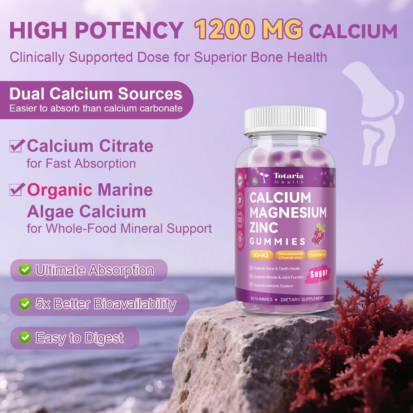 2 Pcs Sugar Free Calcium 1200 mg Gummies with Vitamin D3 K2 (MK-7) – Bone & Joint Health (Grape)