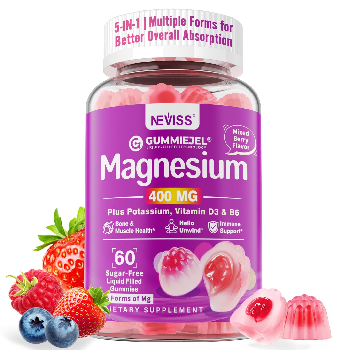 Magnesium Gummies 400mg - 5-in-1 Complex for Women & Men | Ashwagandha, D3 & Zinc | Sugar-Free, Vegan | 60 Gummies
