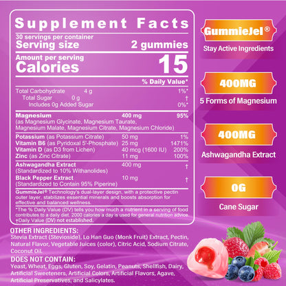 Magnesium Gummies 400mg - 5-in-1 Complex for Women & Men | Ashwagandha, D3 & Zinc | Sugar-Free, Vegan | 60 Gummies