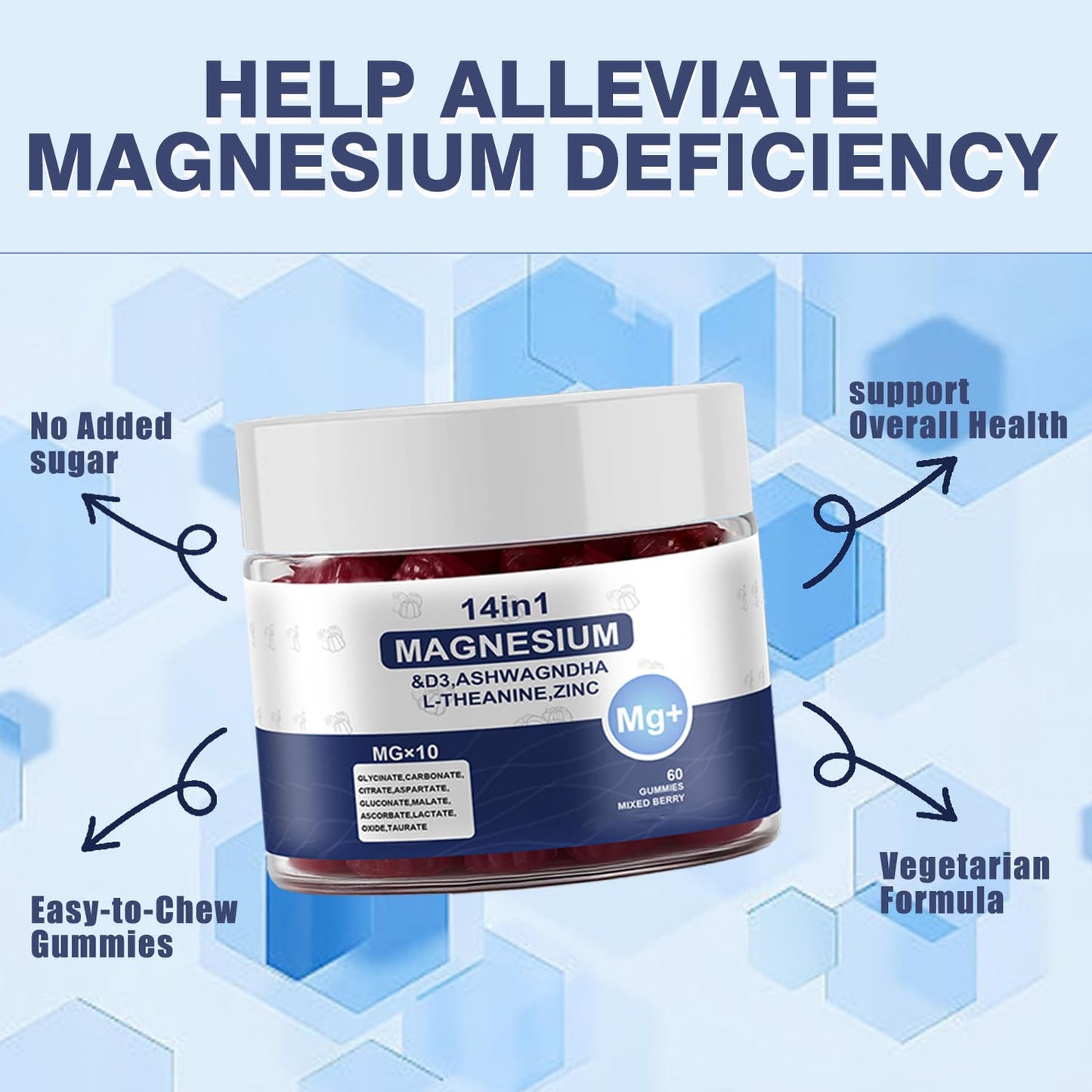 Magnesium Gummies 14-in-1 with Ashwagandha, L-Theanine, D3 & Zinc | Cortisol Support for Women - 60 Gummies