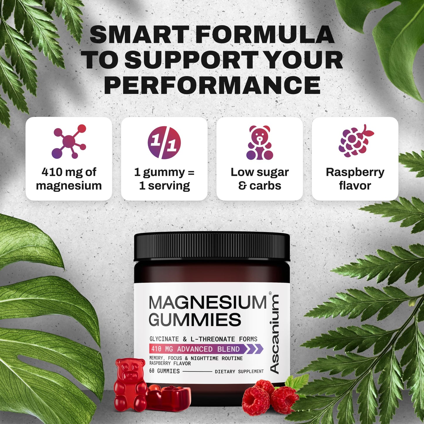 Magnesium Gummies 410 mg – Vegan Glycinate & L-Threonate, 60 Chewables