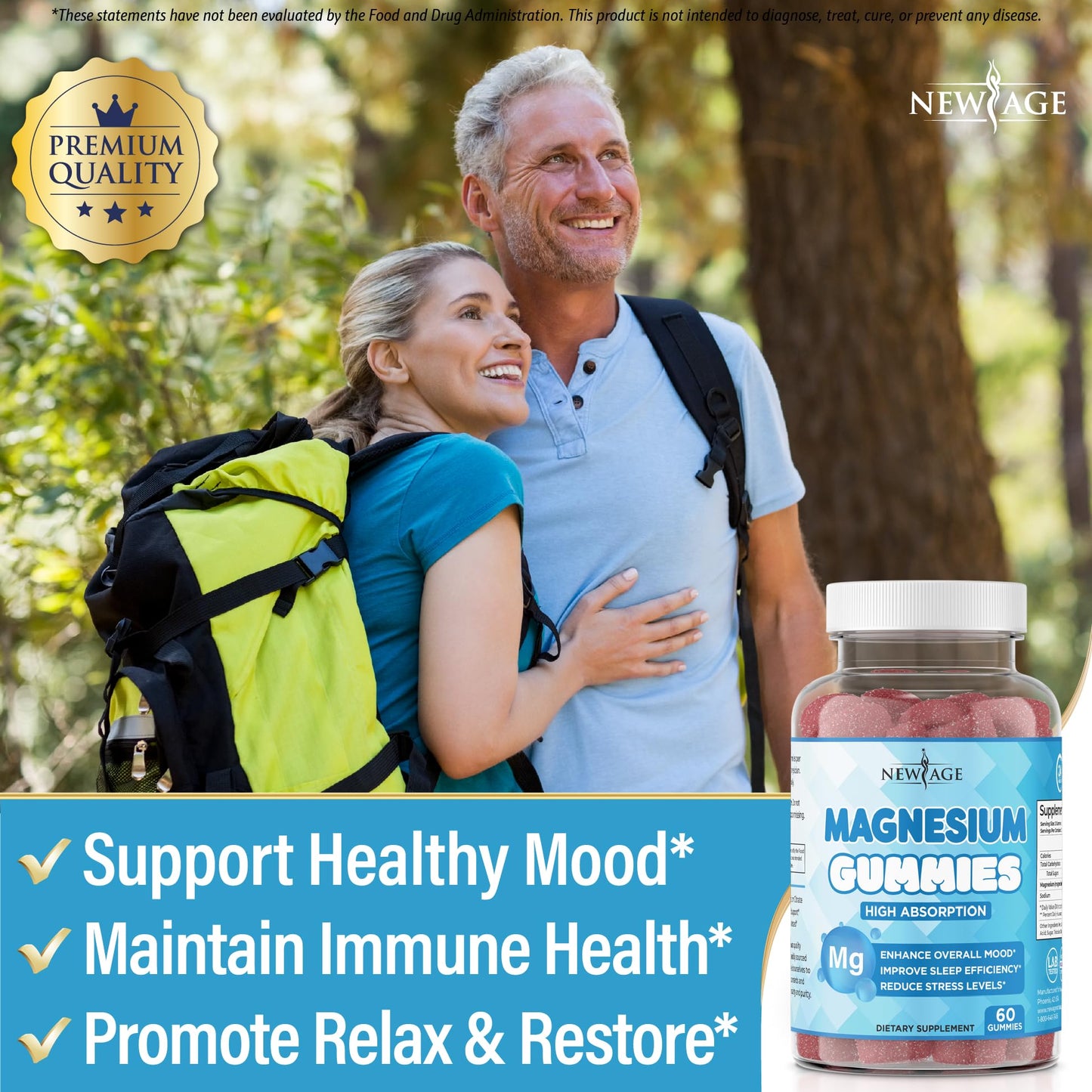 Magnesium Gummies – Calming Anti-Stress, Raspberry Flavor, Vegan, Gluten-Free, Non-GMO (60 Count) | New Age