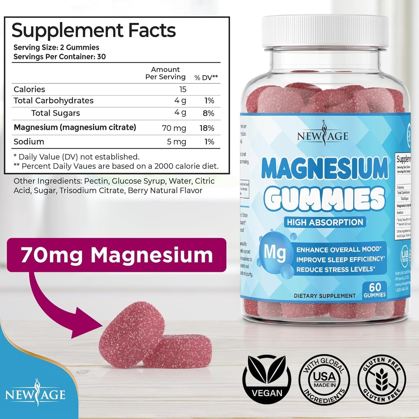 Magnesium Gummies – Calming Anti-Stress, Raspberry Flavor, Vegan, Gluten-Free, Non-GMO (60 Count) | New Age