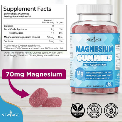 Magnesium Gummies – Calming Anti-Stress, Raspberry Flavor, Vegan, Gluten-Free, Non-GMO (60 Count) | New Age