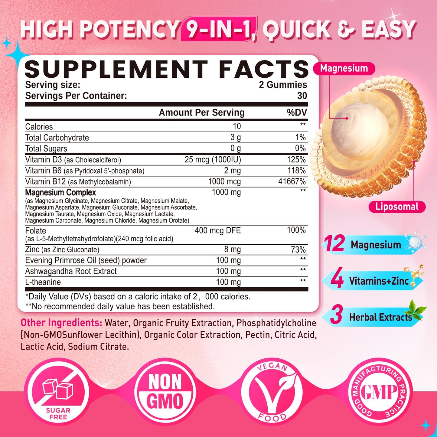 12-in-1 Magnesium Gummies for Women – 1000mg Liposomal Mg Glycinate & D3, Vegan