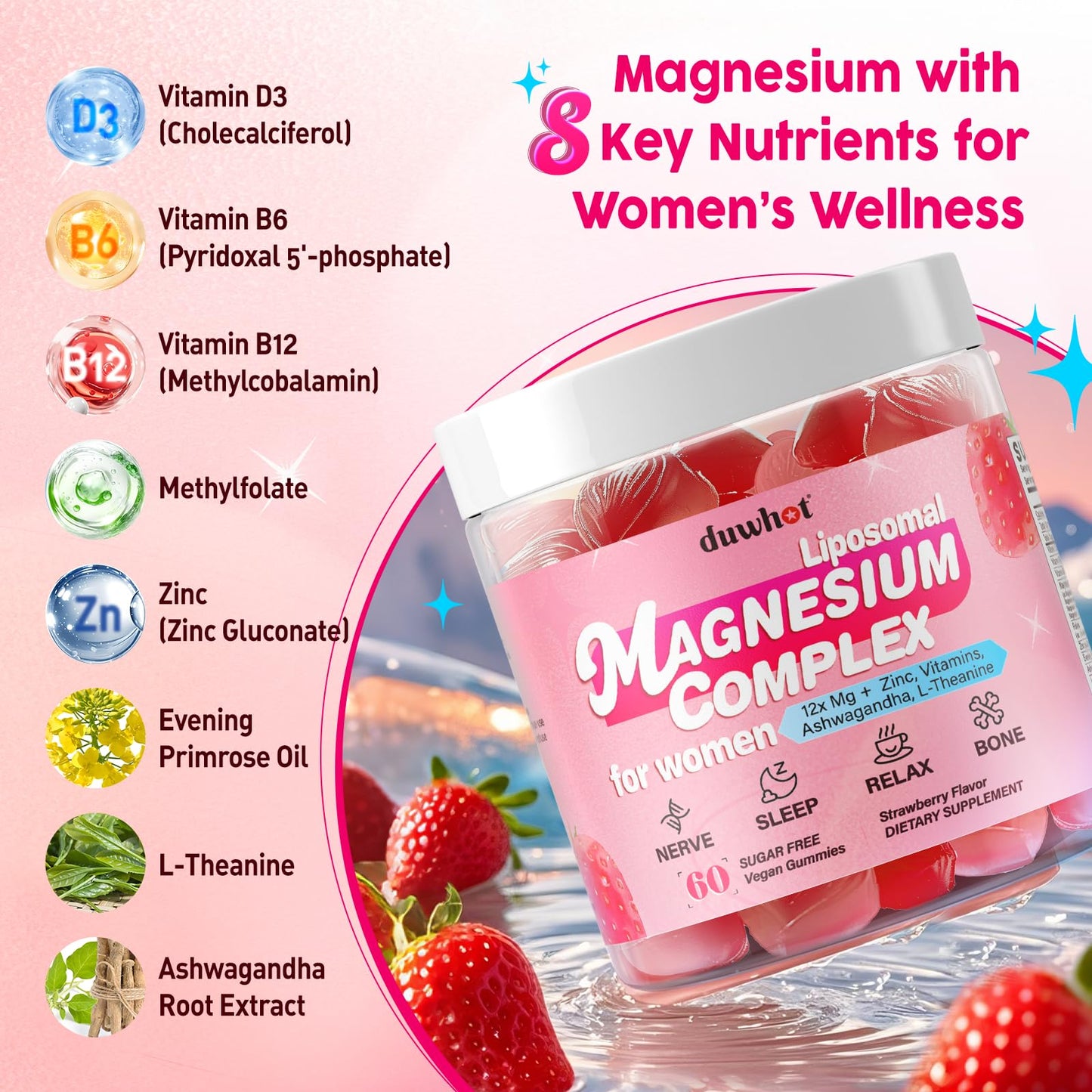12-in-1 Magnesium Gummies for Women – 1000mg Liposomal Mg Glycinate & D3, Vegan