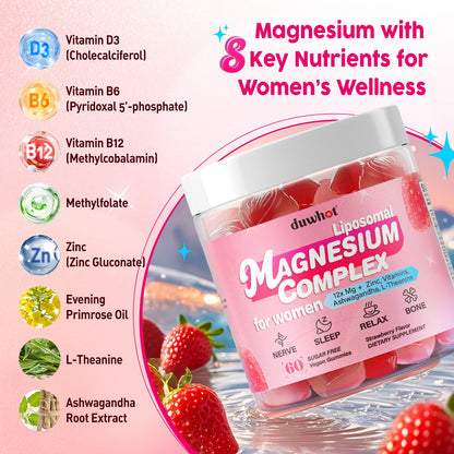 12-in-1 Magnesium Gummies for Women – 1000mg Liposomal Mg Glycinate & D3, Vegan