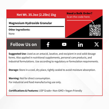 Magnesium Hydroxide USP Granular – Bulk 1 kg (2.2 lb) – Pharmaceutical Grade Excipient