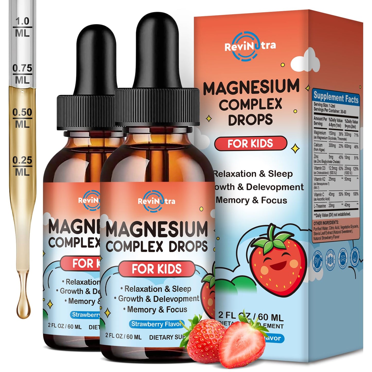 Magnesium for Kids – Strawberry Glycinate Drops with Calcium, Zinc, D3/K2 (2 Pack)