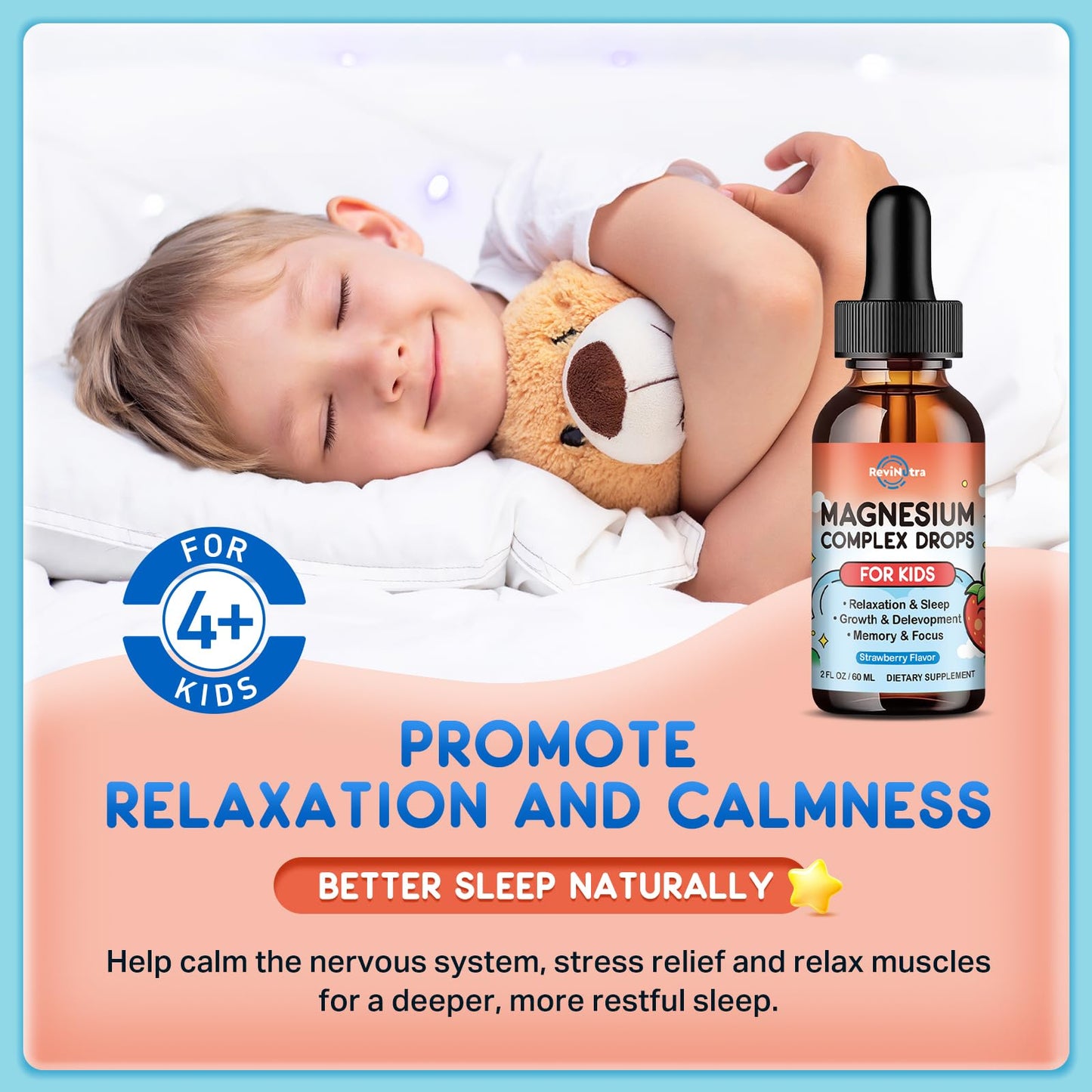 Magnesium for Kids – Strawberry Glycinate Drops with Calcium, Zinc, D3/K2 (2 Pack)