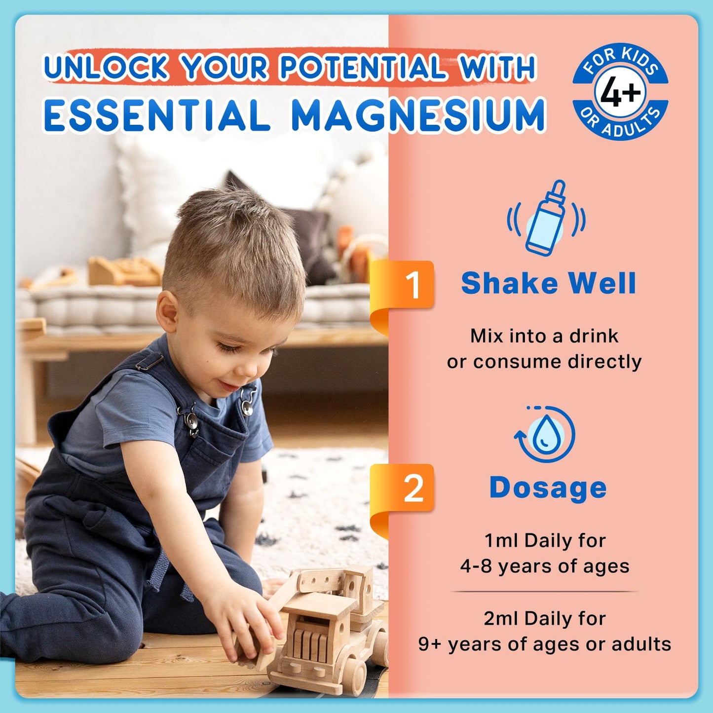 Magnesium for Kids – Strawberry Glycinate Drops with Calcium, Zinc, D3/K2 (2 Pack)