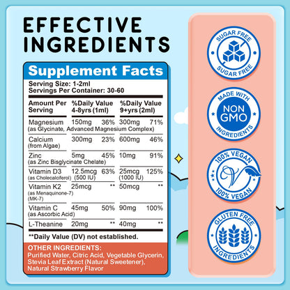 Magnesium for Kids – Strawberry Glycinate Drops with Calcium, Zinc, D3/K2 (2 Pack)