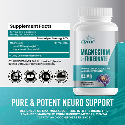 Pure Organic Magnesium L-Threonate 144 MG – Bioavailable, High-Absorption | 90 Capsules | 30-Day Supply | Brain Health & Sleep