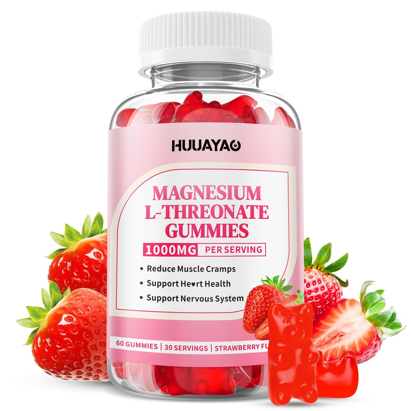 Magnesium L-Threonate Gummies 1000mg – Nervous System & Sleep Support (60 Count) – Sugar-Free Strawberry