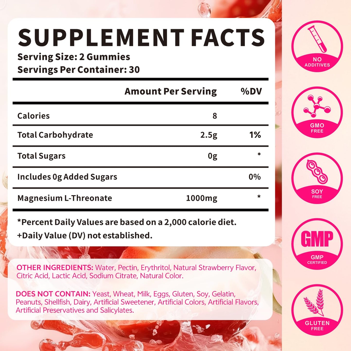Magnesium L-Threonate Gummies 1000mg – Nervous System & Sleep Support (60 Count) – Sugar-Free Strawberry