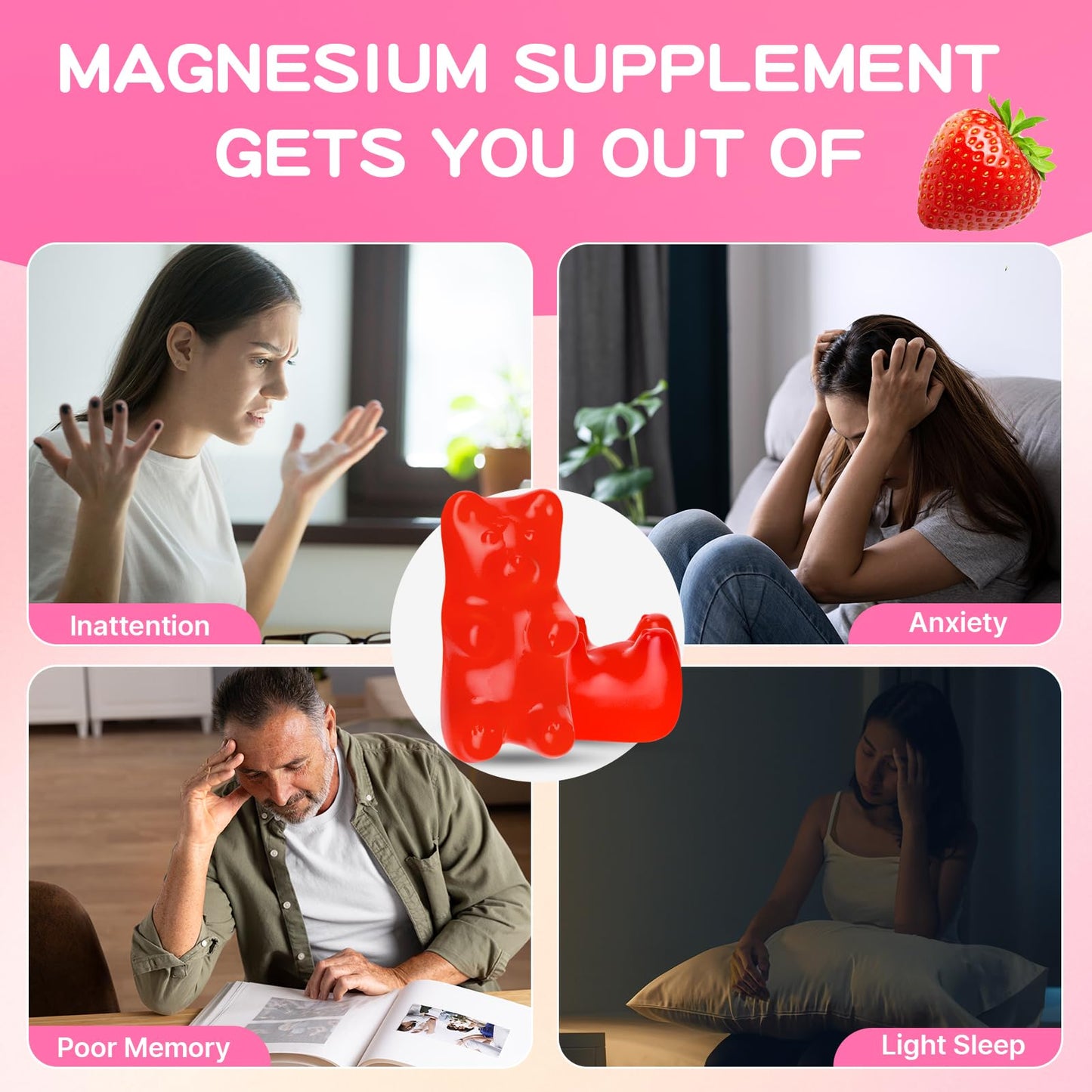 Magnesium L-Threonate Gummies 1000mg – Nervous System & Sleep Support (60 Count) – Sugar-Free Strawberry