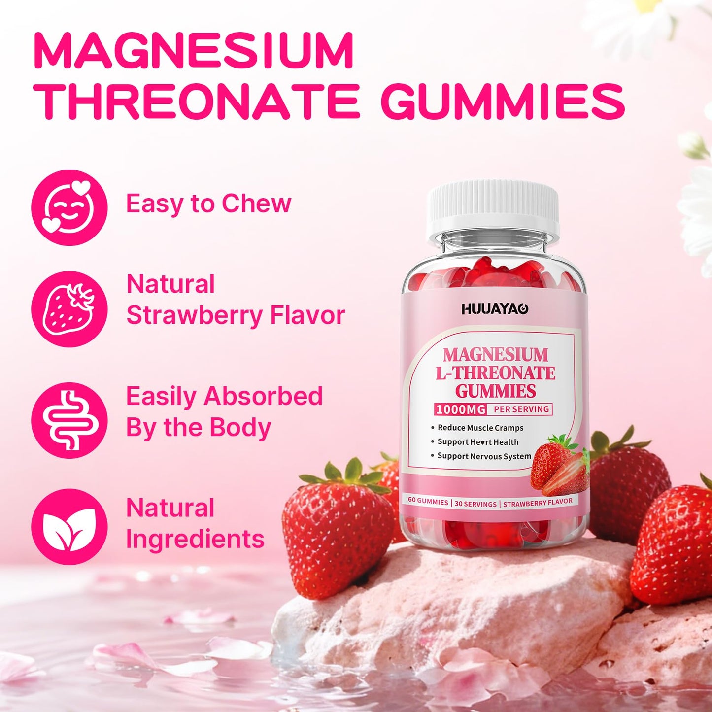 Magnesium L-Threonate Gummies 1000mg – Nervous System & Sleep Support (60 Count) – Sugar-Free Strawberry