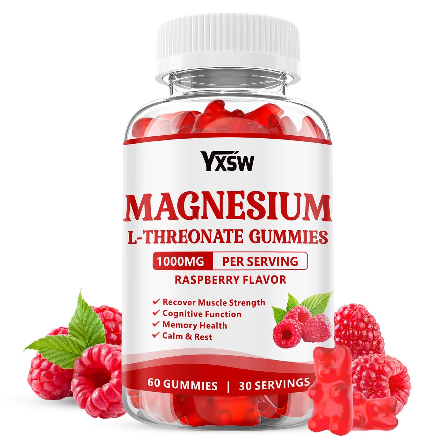 Magnesium L-Threonate Gummies 1000mg – Sugar-Free Raspberry Flavor for Kids & Adults | Muscle & Nervous System Support