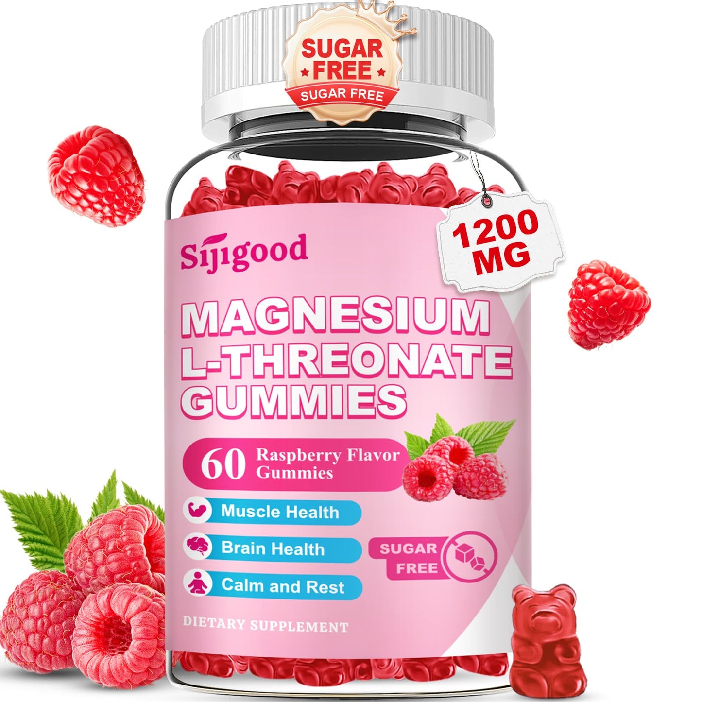Magnesium L-Threonate Gummies 1200MG - Brain Health, Cognitive Support, Raspberry - 60 Count