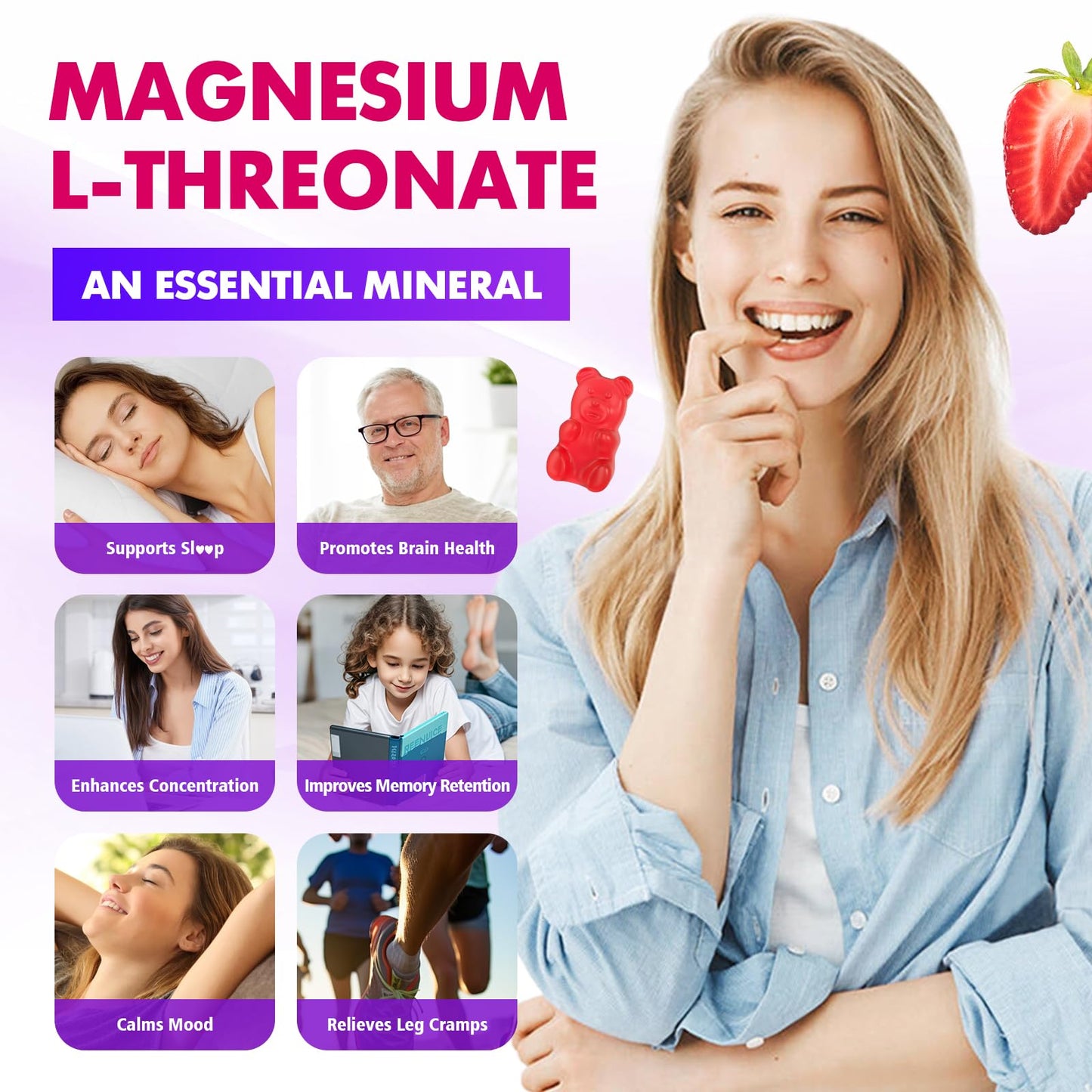 1000mg Magnesium L-Threonate Gummies - Vegan Sugar-Free Strawberry (60 ct)