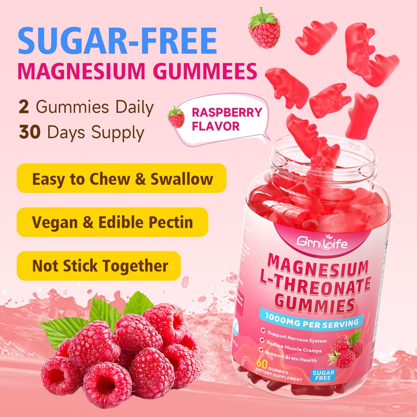 2 Pack Magnesium L-Threonate Gummies 1000MG – Sugar-Free Raspberry (120 Count)