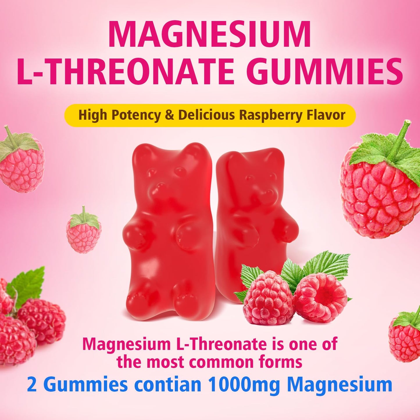 2 Pack Magnesium L-Threonate Gummies 1000MG – Sugar-Free Raspberry (120 Count)