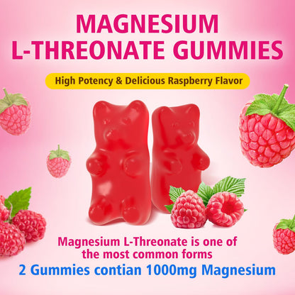 2 Pack Magnesium L-Threonate Gummies 1000MG – Sugar-Free Raspberry (120 Count)