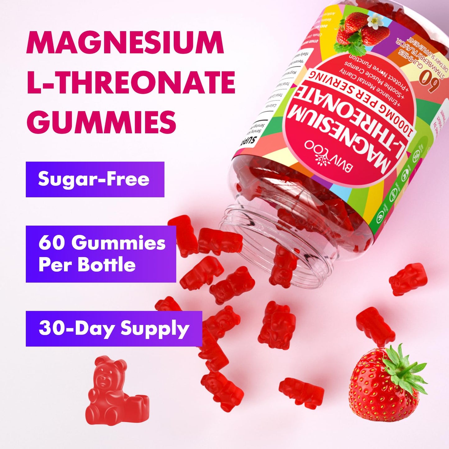 1000mg Magnesium L-Threonate Gummies - Vegan Sugar-Free Strawberry (60 ct)