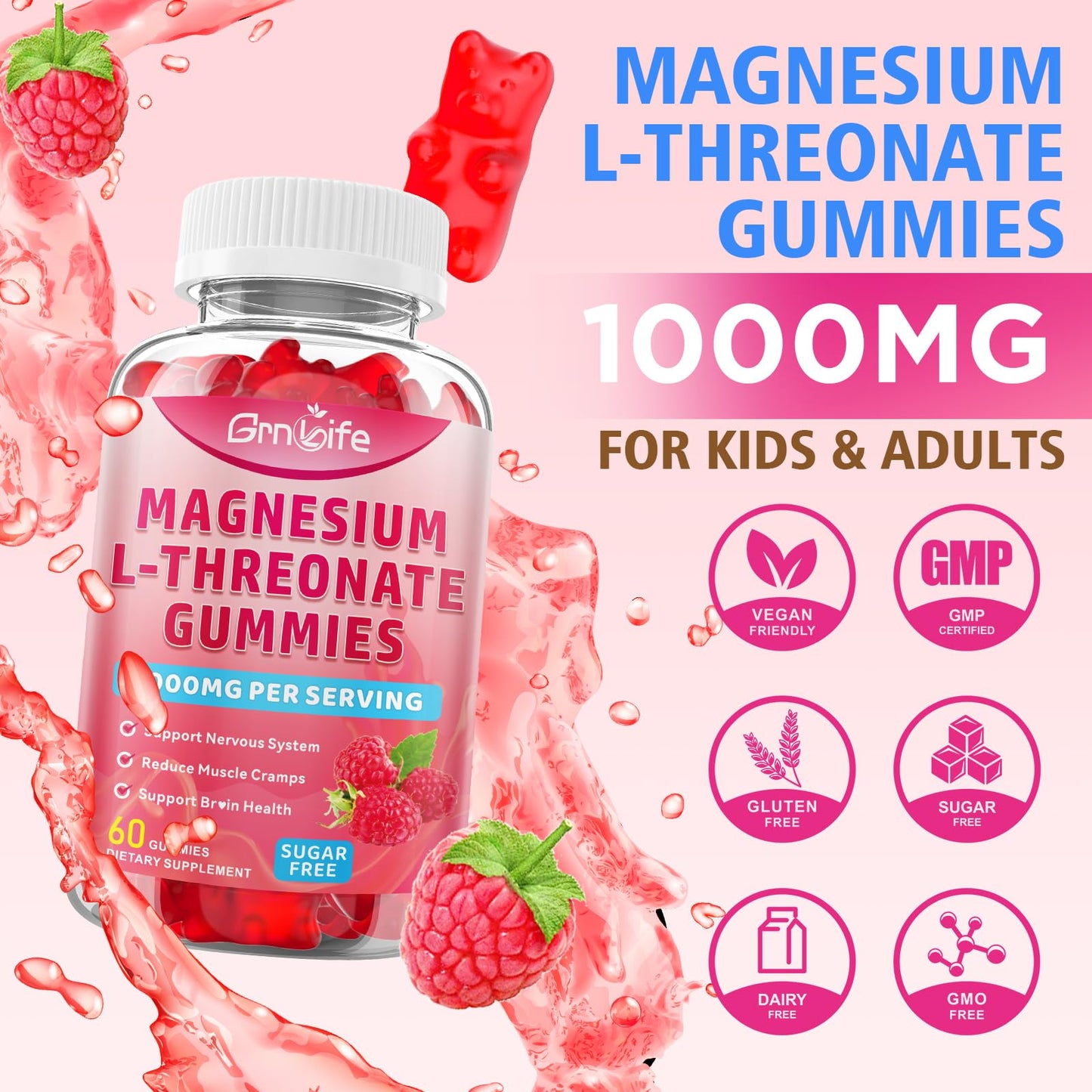 2 Pack Magnesium L-Threonate Gummies 1000MG – Sugar-Free Raspberry (120 Count)