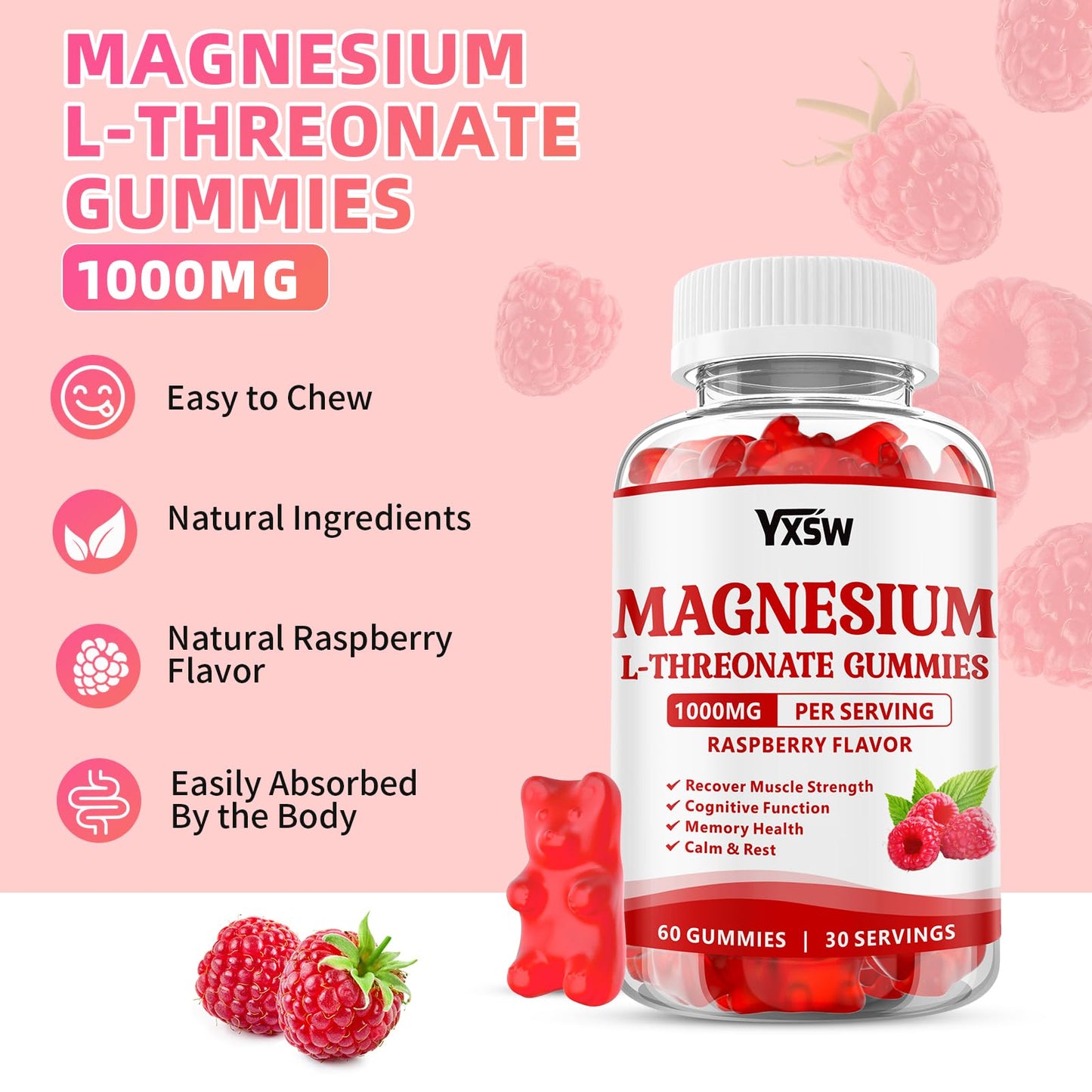 Magnesium L-Threonate Gummies 1000mg – Sugar-Free Raspberry, 120 Count | Nervous System & Muscle Support