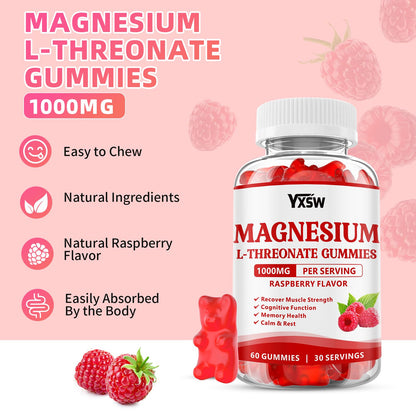 Magnesium L-Threonate Gummies 1000mg – Sugar-Free Raspberry, 120 Count | Nervous System & Muscle Support