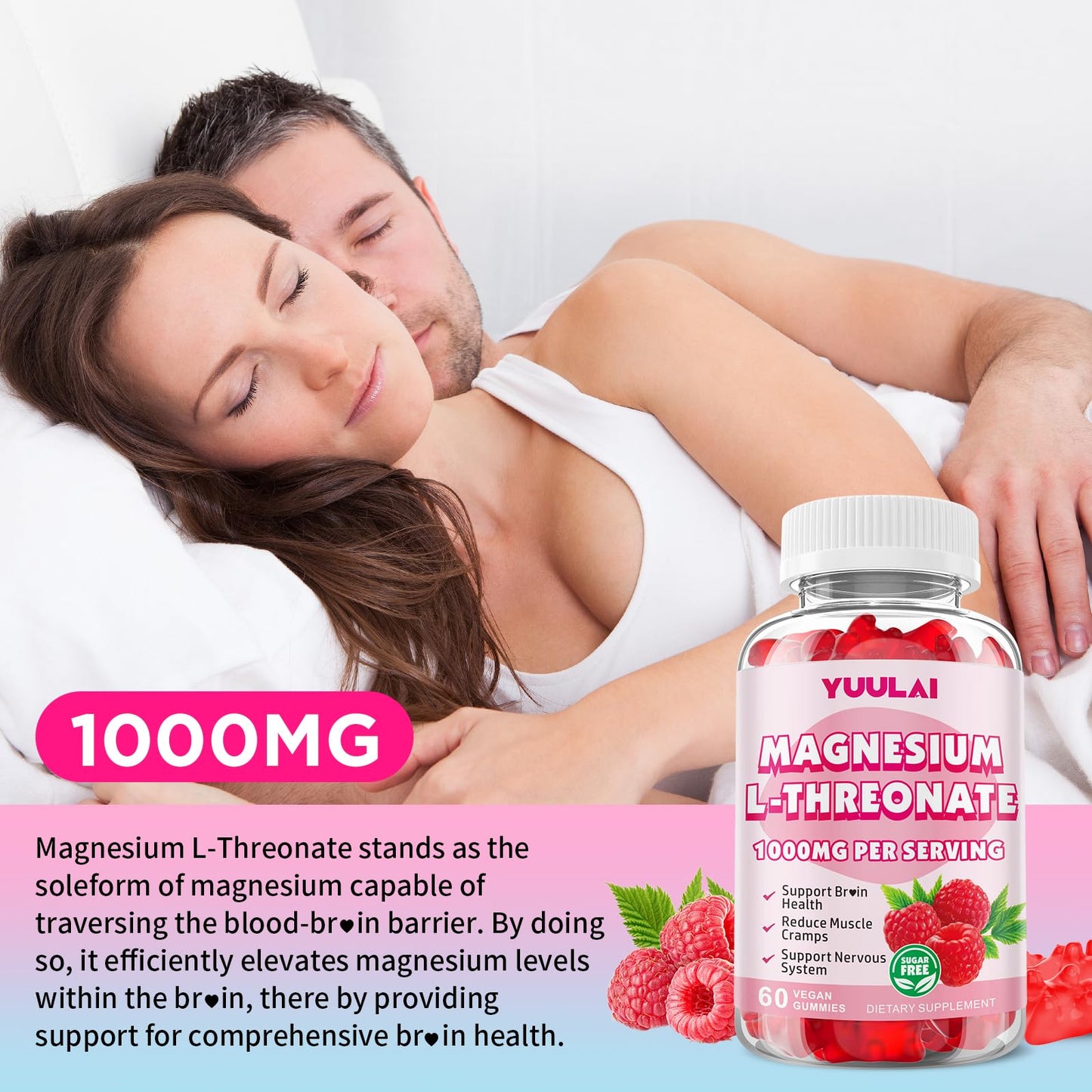 Pack of 2 Magnesium L-Threonate Gummies - Sugar-Free 1000MG Raspberry, 60 Count