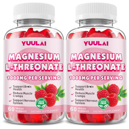 Pack of 2 Magnesium L-Threonate Gummies - Sugar-Free 1000MG Raspberry, 60 Count