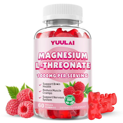 Magnesium L-Threonate Gummies – Sugar-Free 1000mg, Raspberry Flavor, 60 Count for Kids & Adults
