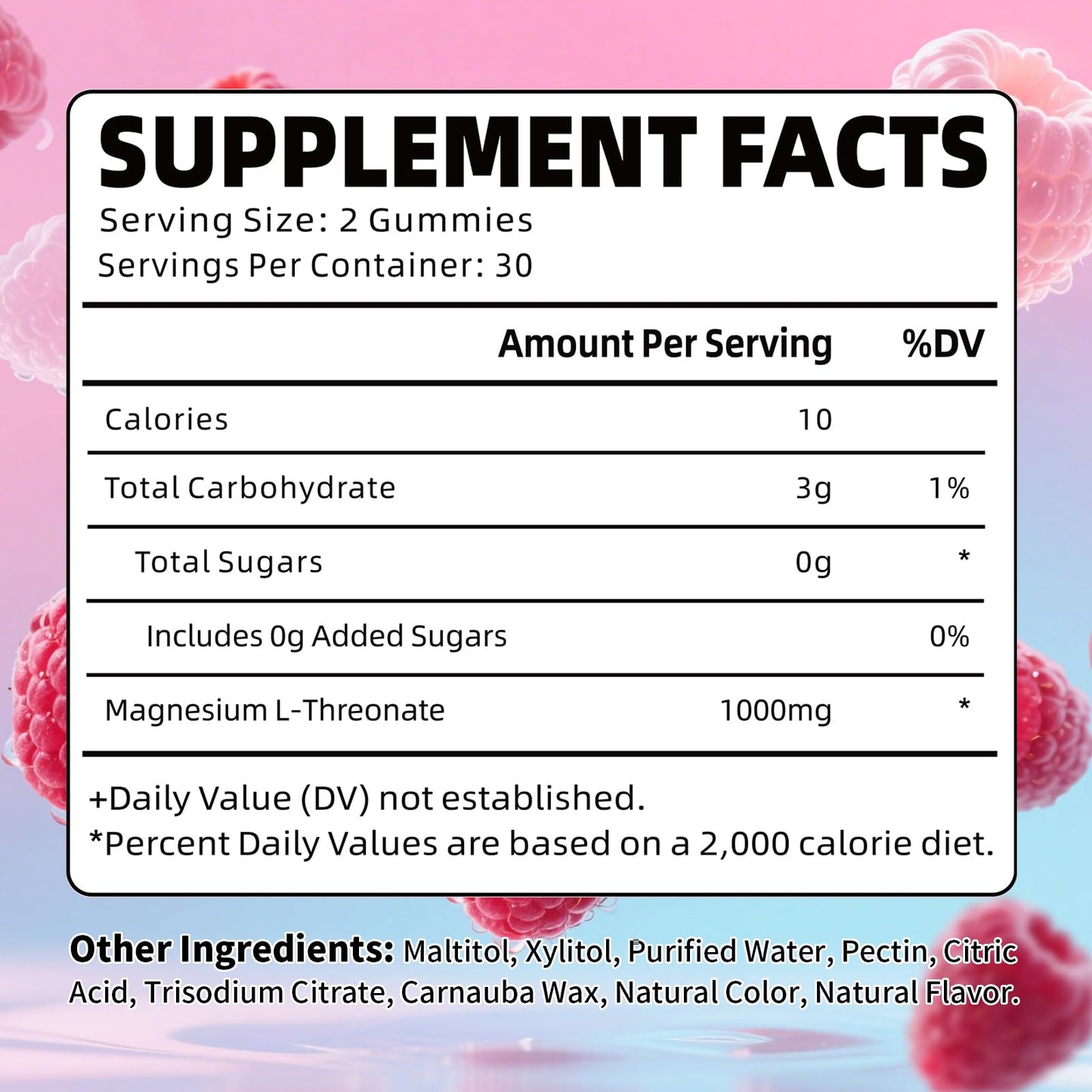 Magnesium L-Threonate Gummies – Sugar-Free 1000mg, Raspberry Flavor, 60 Count for Kids & Adults