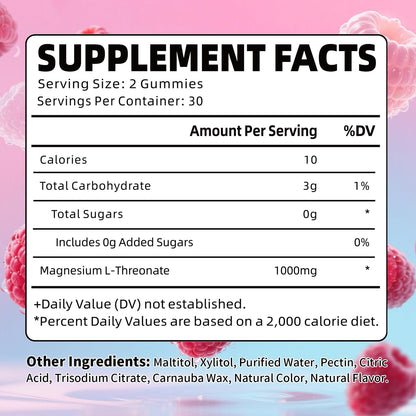 Magnesium L-Threonate Gummies – Sugar-Free 1000mg, Raspberry Flavor, 60 Count for Kids & Adults